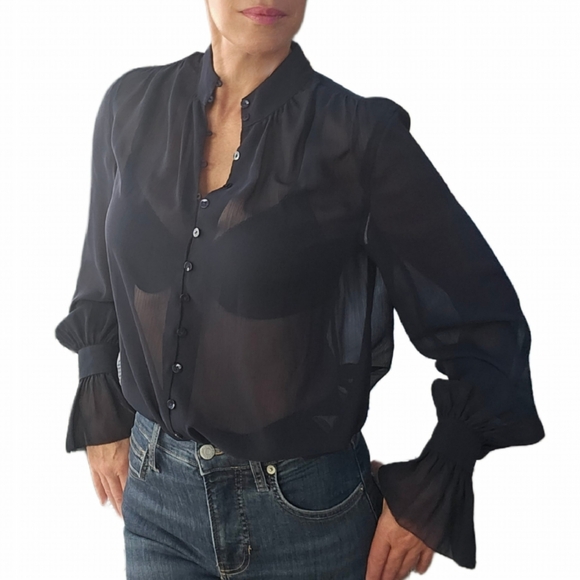 🎁HOLIDAY SPECIAL🎁NWT. L'AGENCE Marion Sheer Ruffle Blouse In Midnight - Picture 2 of 16